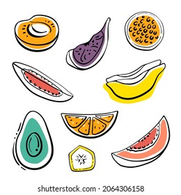 Set of fruit slices and halves. Colorful black line sketch collection isolated on white background. Doodle hand drawn fruits. Vector illustration