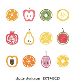 Set of fruit slices icons isolated on white background. Colorful fruits original design. Can be used for infographics or decoration. Vector hand drawn illustration