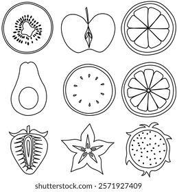 Set of fruit slices line art