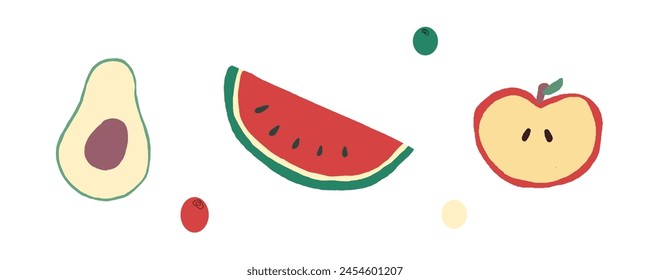 Set of fruit slices, watermelon, avocado, apple. useful vitamins.