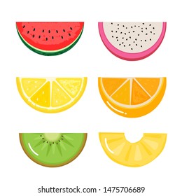 Set of fruit slices, watermelon, dragon fruit, lemon, orange, kiwi fruit, pineapple. Fresh fruits isolated on white background. vector illustration.