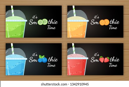 Set of fruit smoothie cocktail logo vector illustration. Fresh smoothies drink with colorful layers in glass, raw fruit smoothie logo for fast food menu design or detox banner. Clipping mask applied.