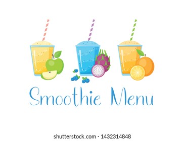 Set of fruit smoothie cocktail vector illustration. Fresh smoothies drink with colorful layers in glass raw fruit smoothie group isolated on white background for fast food menu design or detox banner