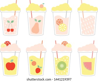 Set of fruit smoothies and fresh juice. Cute flat vector illustration. Detox, diet, healthy food