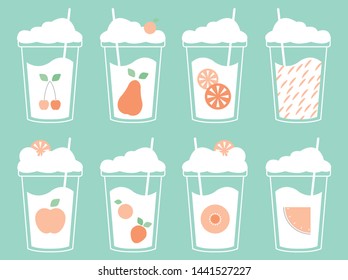 Set of fruit smoothies and fresh juice. Cute flat vector illustration. Detox, diet, healthy food