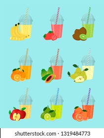 A set of fruit smoothies in plastic cups with a lid and straw. Smoothies from different fruits. Fruits lying next to the glasses.
