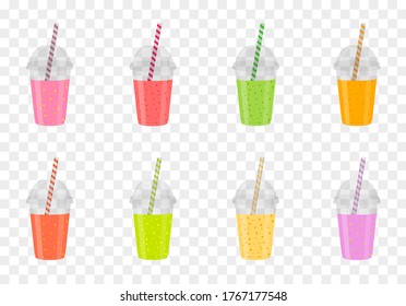 Set of fruit smoothies in plastic glasses. Healthy fresh juice. Menu drinks. Vector