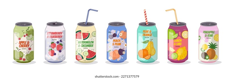 Set of fruit soda. Delicious refreshing carbonated drinks with different flavors. Aluminum cans with apple, watermelon, strawberry juice. Cartoon flat vector collection isolated on white background