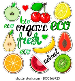 Set fruit stickers: apple, cherry, lemon, pear, banana, mango, orange, watermelon, kiwi. Labels lettering: bio, eco, organic, fresh, natural. Vector.