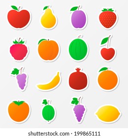 Set of fruit stickers. Colorful fruits on the gray background.
