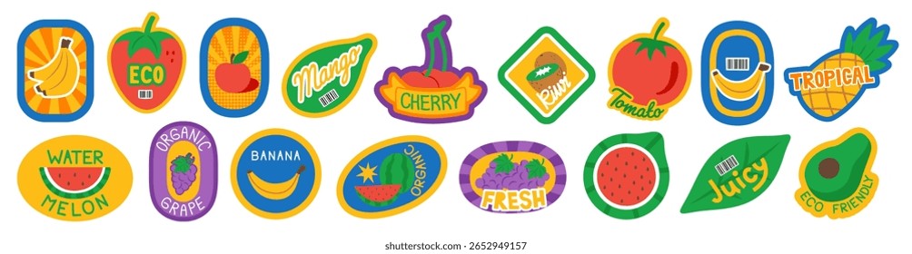 Set of fruit stickers designed to imitate produce labels. Ideal for scrapbooking, journaling, packaging mockups, or creative sticker collections with a fun, fruity theme.