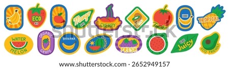 Set of fruit stickers designed to imitate produce labels. Ideal for scrapbooking, journaling, packaging mockups, or creative sticker collections with a fun, fruity theme.
