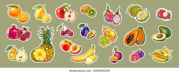 Set of fruit stickers, patches, pins. Pineapple, fig, papaya, banana, rambutan, kiwano, passion fruit, avocado, pitaya, durian, carambola, apple, pear, peach and others. Colorful fruits in cartoon