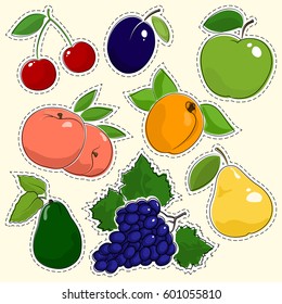 Set of Fruit Stickers, Pins or Patches. Cherry with Plum and Apple, Peach with Apricot and Avocado, Grapes and Pear, Vector Illustration