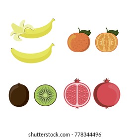 Set fruit in the style of flat: banana, Mandarin, kiwi, pomegranate. Vector illustration