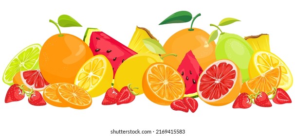 Set with fruit. Summer illustration of ripe, juicy fruits highlighted on a white background. Fruit banner. Oranges, lemons, strawberries, grapefruits.