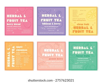 A set of fruit tea labels, including berry, apple-cinnamon, and peach-berry. Each label includes flavor and ingredient information.