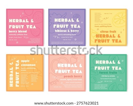 A set of fruit tea labels, including berry, apple-cinnamon, and peach-berry. Each label includes flavor and ingredient information.
