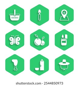 Set Fruit, Thermos container, Camping hat, Lighter, Chicken leg, Butterfly, Picnic location and basket icon. Vector