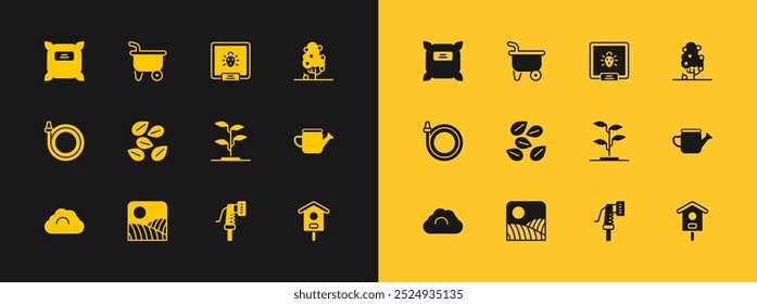 Set Fruit tree, Agriculture wheat field farm, Sprout, Garden hose, Seeds of specific plant, Colorado beetle, Pack full seeds and Wheelbarrow icon. Vector