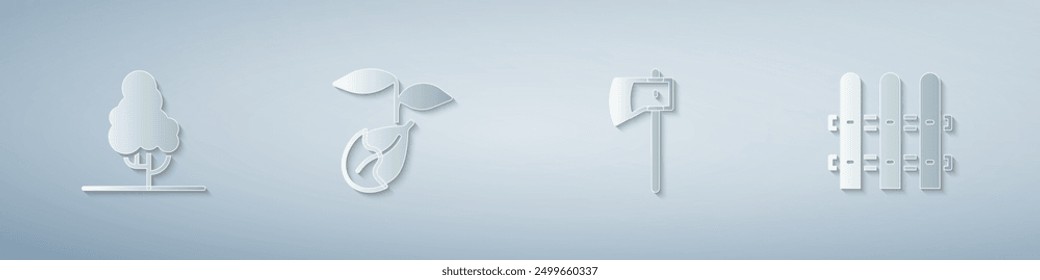 Set Fruit tree, Sprout, Wooden axe and Garden fence wooden. Paper art style. Vector