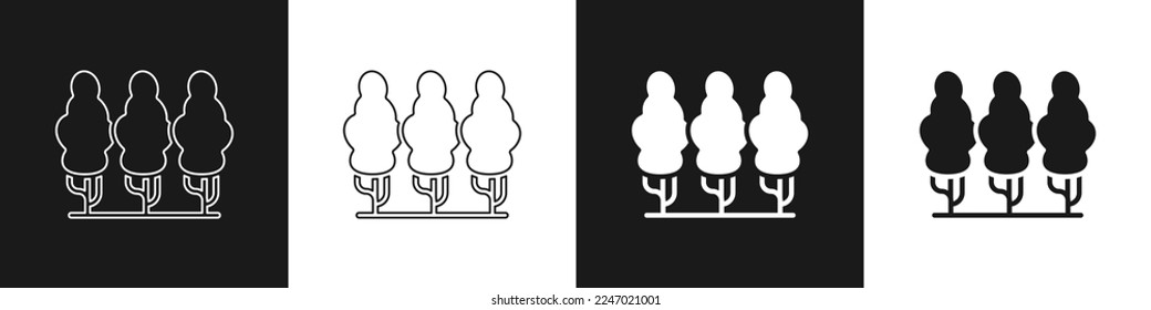 Set Obstbäume Symbol einzeln auf schwarz-weißem Hintergrund. Landwirtschaftliche Pflanze. Ökologischer Landbau Obstgarten. Gartenthema.  Vektorgrafik