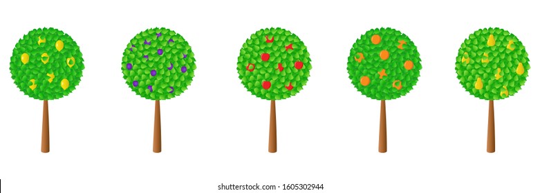 Set of fruit trees. Orange, lemon, plum, pear, apple. Vector illustration.