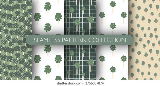 Set of fruit trees pattern. Doodle style. Vector illustration. Decorative backdrop for fabric design, textile print, wrapping paper, cover.