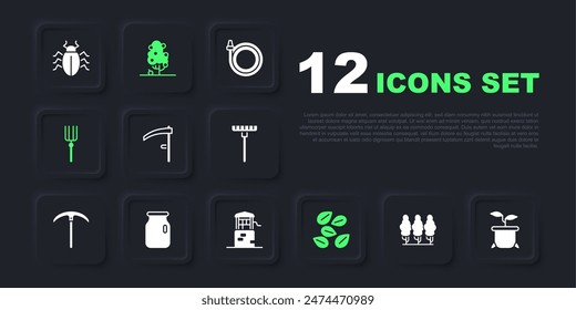 Set Fruit trees, Plant in pot, Scythe, Seeds of specific plant, Garden pitchfork, Glass jar with screw-cap,  and Well icon. Vector