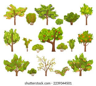 Set of fruit trees with ripe fruits and berries. Apple, pear, lemon, orange, plum, sea buckthorn, currant, cherry cartoon vector