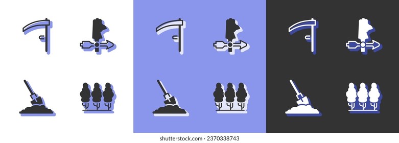Set Fruit trees, Scythe, Shovel in ground and Rooster weather vane icon. Vector