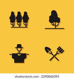 Set Fruit trees, Shovel and rake, Scarecrow and  icon with long shadow. Vector