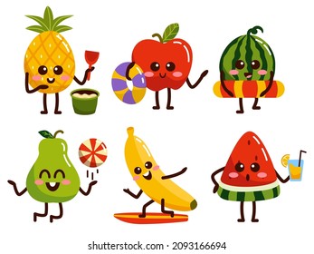 Set of fruit with various activity in cartoon character,  graphick design for mascot, banner leaflet or sticker, vector illustration