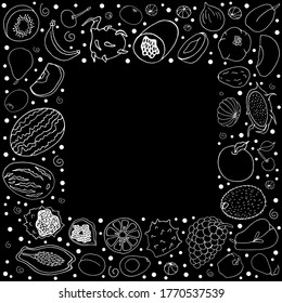 Set with fruit. Vector isolated illustration with tropical fruits. Doodle style. Apples, pears, cherries, apricots, watermelons, melons, kiwi, grapes, pomegranates, currants on a black background. 