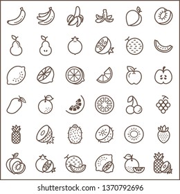 Set of Fruit Vector Line Icons, thin line style. Contains such icons as banana, peach, pear, pomegranate, melon, lemon, apple, mango And Other Elements.