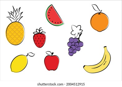 Set of fruit vectors: pineapple, orange, banana, strawberry, lemon, grapes, apple, watermelon