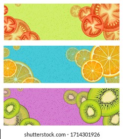 Set of fruit and vegetable banners with tomatoes, oranges and kiwi fruit. for web banners, sign backgrounds, posters. Space for your text. Vector Illustration.