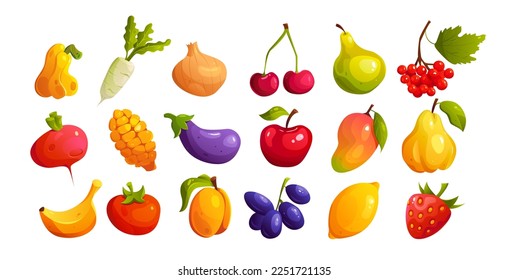 Set of Fruit, Vegetable and Berries Isolated. Trendy Cartoon Drawing of Pumpkin, Daikon, Onion, Cherry, Pear, Viburnum, Radish, Corn, Eggplant, Tomato. Wholesome healthy eating. Vector illustration.