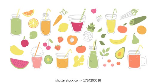 Set of fruit, vegetable, and berry smoothies. Collection of fresh food and drinks in flat style. Summer juice beverages made of fruits. Collection of whimsical food elements isolated on white.