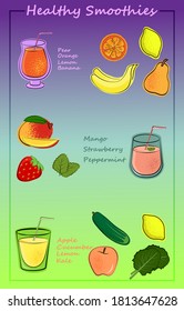 Set of fruit, vegetable and berry smoothies. Collection of drinks in cartoon style. Summer drinks made from fruits and vegetables. Vector isolated stock illustration.