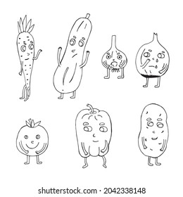 mit Obst- und Gemüsekartoonfiguren. Vektorgrafik. Einzeln. Flacher Cartoon-Stil. Geeignet für Landing-Page, Banner, Flyer, Färbung für Kinder und Erwachsene. Doodles
