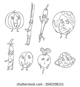 set with fruit and vegetable cartoon characters. Vector illustration. Isolated. Flat cartoon style. Suitable for landing page, banner, flyer, coloring for kids and adults. doodles