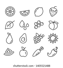 Set Of Fruit And Vegetable, Honey Outline Icons Isolated On White Background