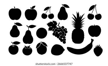 Conjunto de íconos de frutas y verduras, incluyendo aceitunas negras, pera de manzana, piña, plátano, limón, naranja, uva, silueta Ilustración vectorial
