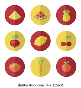 Set of fruit and vegetable icons. Round stickers. Vector