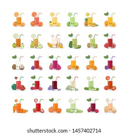 Set of fruit and vegetable juice. Cute kawai smiling cartoon juice with slices in a glass with juice straw.