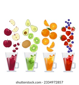 Conjunto de bebidas de jugo de frutas y verduras con salpicaduras en lentes altos de cereza de manzana avocado kivi fresa naranja berry diferentes tipos de frutas ilustración vectorial fondo blanco.