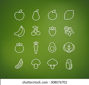 Set of fruit and vegetable line icons on blurred green background.
