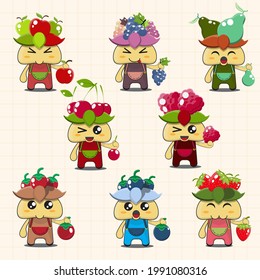 Set of fruit or vegetable mascot character vector illustration, character vector holding vegetables and fruits, cartoon fruit character with hat, cute fruit character