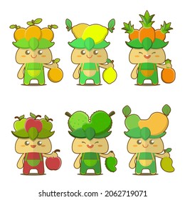 Set of fruit or vegetable mascot character vector illustration, character vegetables and fruits, cartoon fruit character with hat, cute fruit character, pumpkin, watermelon, dragon fruit.